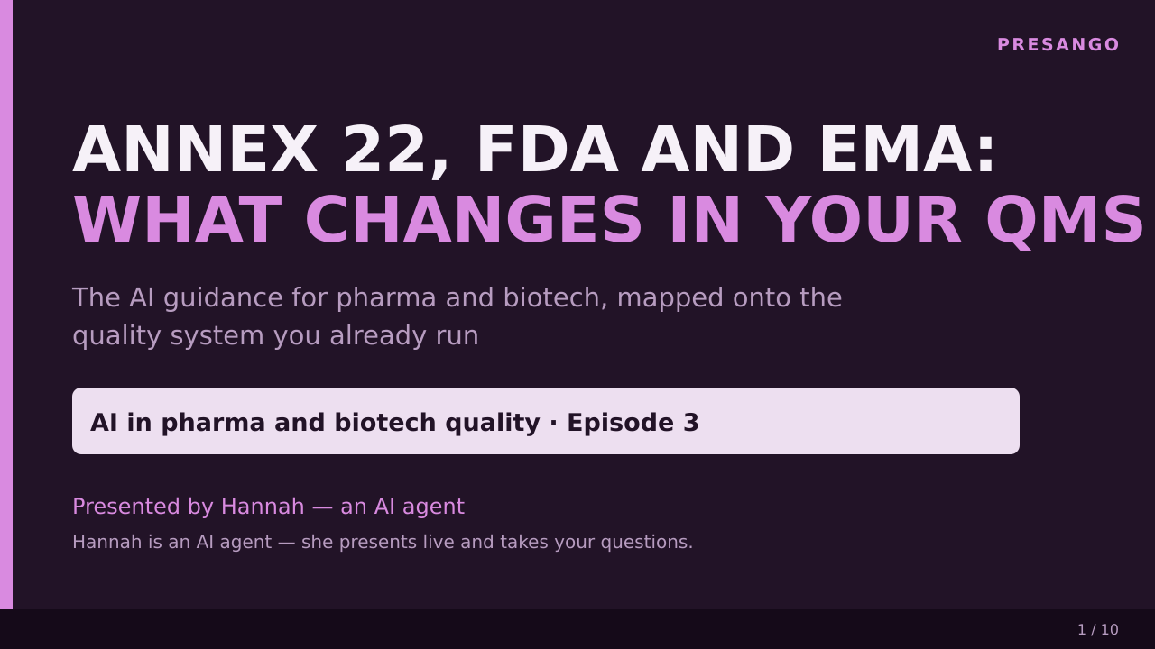EU GMP Annex 22 and the FDA AI guidance: what changes in your quality system — title slide